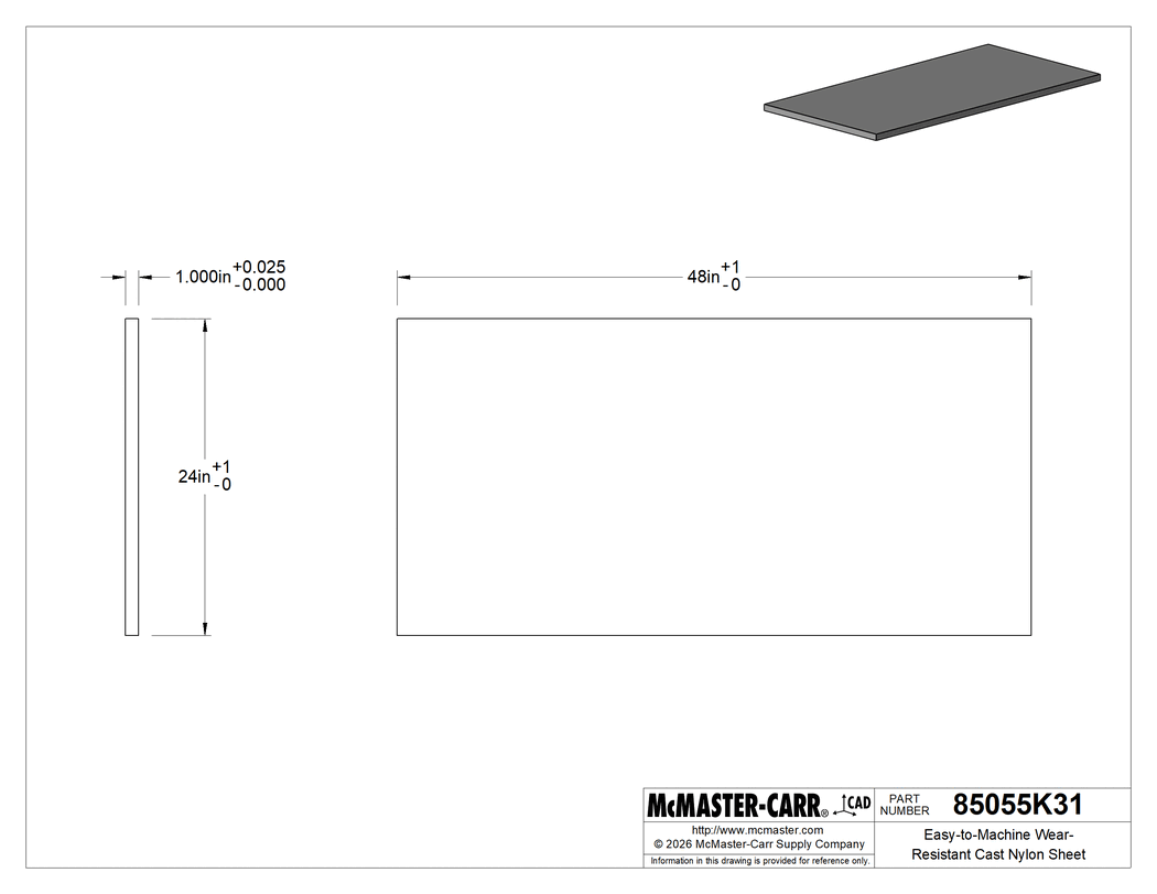 Technical Drawing of Easy-to-Machine Wear-Resistant Cast Nylon Sheet, 24" x 48" x 1".